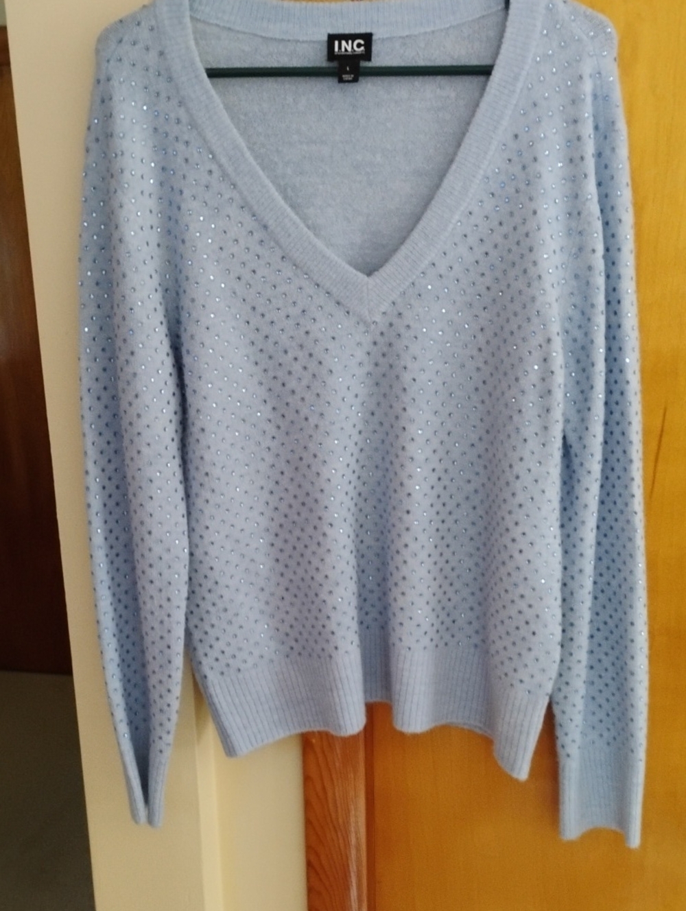 INC International Concepts Pale Blue V-Neck Sweater with Sparkling Studs